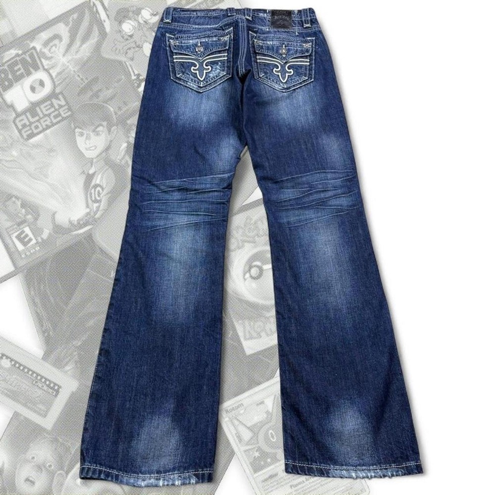 Rock Revival Timothy Straight Bootcut Jeans Mens 34x34 Dark Wash Distressed Y2K